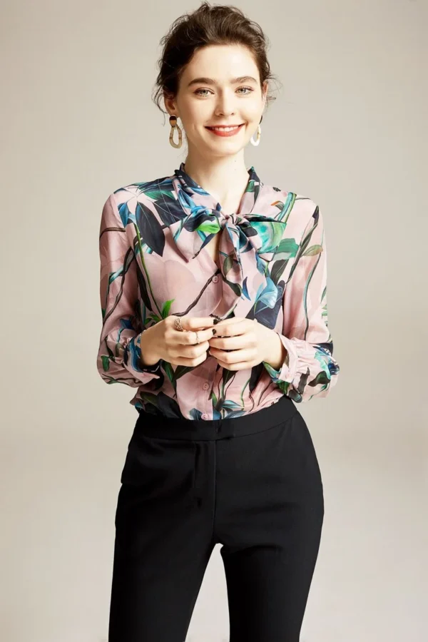 100% Pure Silk Women's Runway Shirt Bow Collar Printed Flowers Elegant Long Sleeves Floral Shirt Blouse