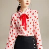 100% Pure Silk Women's Runway Shirt Peter Pan Bow Collar Long Sleeves Sweathearts Printed Elegant Blouse Shirt