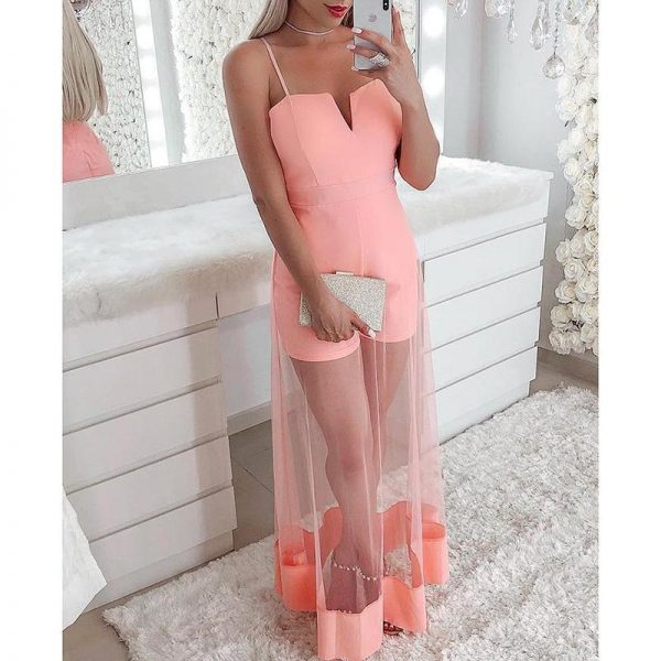 V-Cut Spaghetti Strap Mesh Romper Women Mesh Sheer Patchwork Sexy Overalls Elegant Ladies Pink Jumpsuit Summer body mujer - Takalr