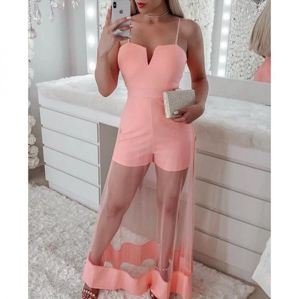 V-Cut Spaghetti Strap Mesh Romper Women Mesh Sheer Patchwork Sexy Overalls Elegant Ladies Pink Jumpsuit Summer body mujer - Takalr