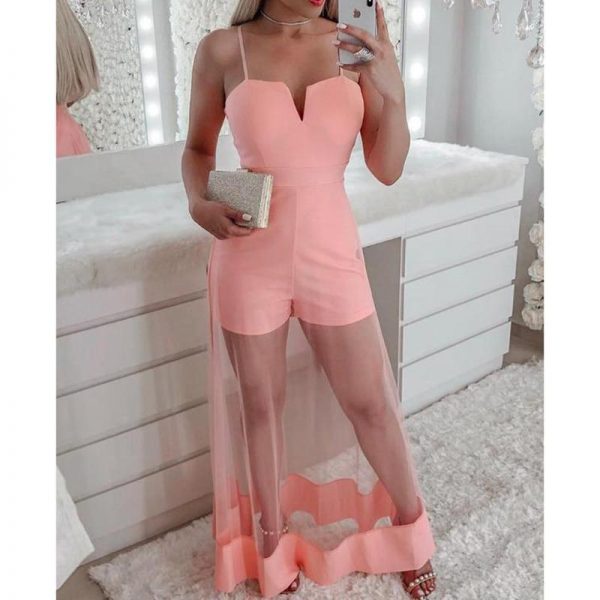 V-Cut Spaghetti Strap Mesh Romper Women Mesh Sheer Patchwork Sexy Overalls Elegant Ladies Pink Jumpsuit Summer body mujer - Takalr