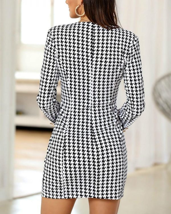 V-Neck Houndstooth Buttoned Bodycon Dress - Takalr