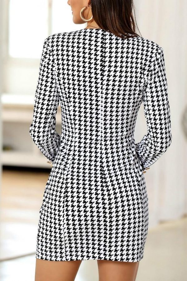 V-Neck Houndstooth Buttoned Bodycon Dress - Takalr