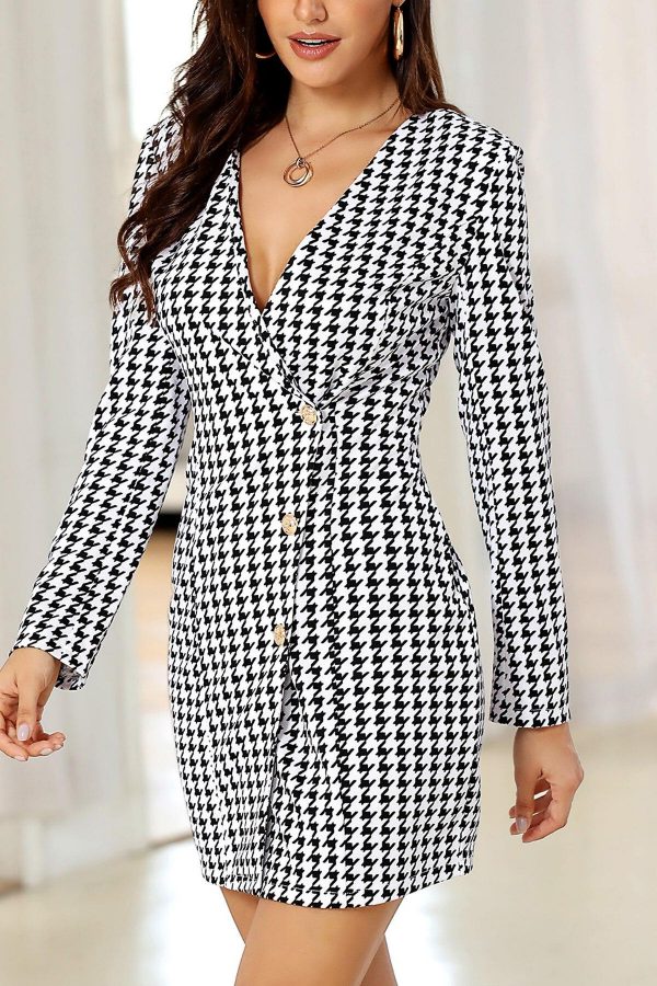 V-Neck Houndstooth Buttoned Bodycon Dress - Takalr