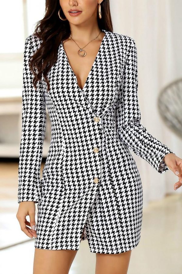 V-Neck Houndstooth Buttoned Bodycon Dress - Takalr