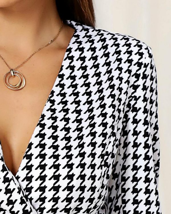 V-Neck Houndstooth Buttoned Bodycon Dress - Takalr