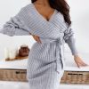 V-Neck Surplice Wrap Ribbed Batwing Sleeve Sweater Bodycon Dress - Takalr