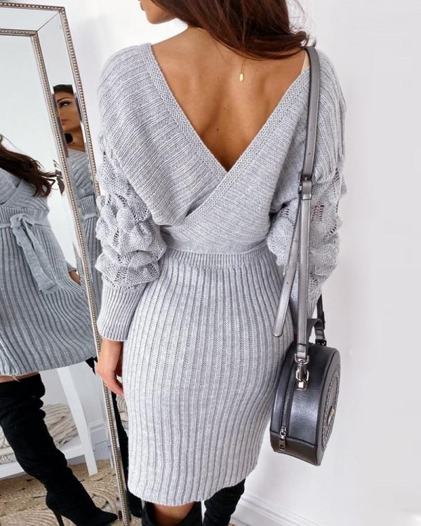 V-Neck Surplice Wrap Ribbed Batwing Sleeve Sweater Bodycon Dress - Takalr