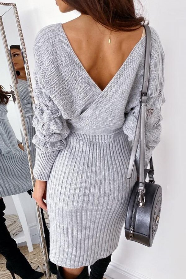 V-Neck Surplice Wrap Ribbed Batwing Sleeve Sweater Bodycon Dress - Takalr