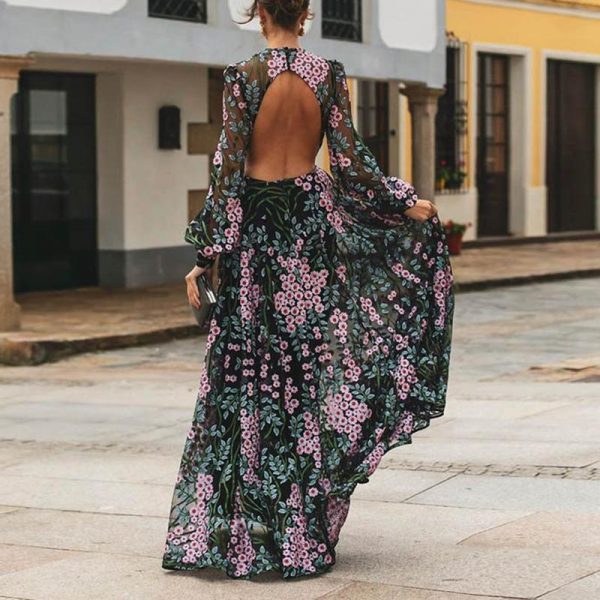 Vintage Backless Long Maxi Dress Women Floral Print Open Back Summer Beach Dress High Waist Long Sleeve Dresses Robe Femme - Takalr