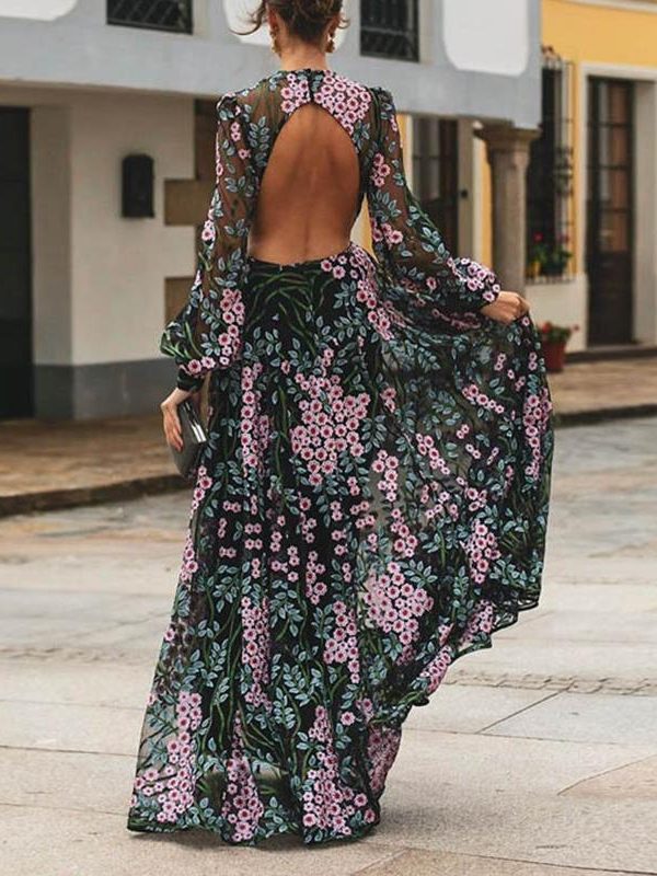 Vintage Backless Long Maxi Dress Women Floral Print Open Back Summer Beach Dress High Waist Long Sleeve Dresses Robe Femme - Takalr