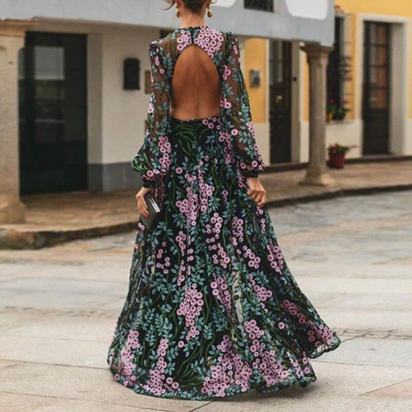 Vintage Backless Long Maxi Dress Women Floral Print Open Back Summer Beach Dress High Waist Long Sleeve Dresses Robe Femme - Takalr