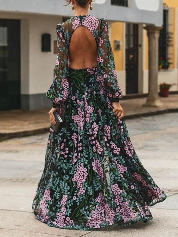 Vintage Backless Long Maxi Dress Women Floral Print Open Back Summer Beach Dress High Waist Long Sleeve Dresses Robe Femme - Takalr