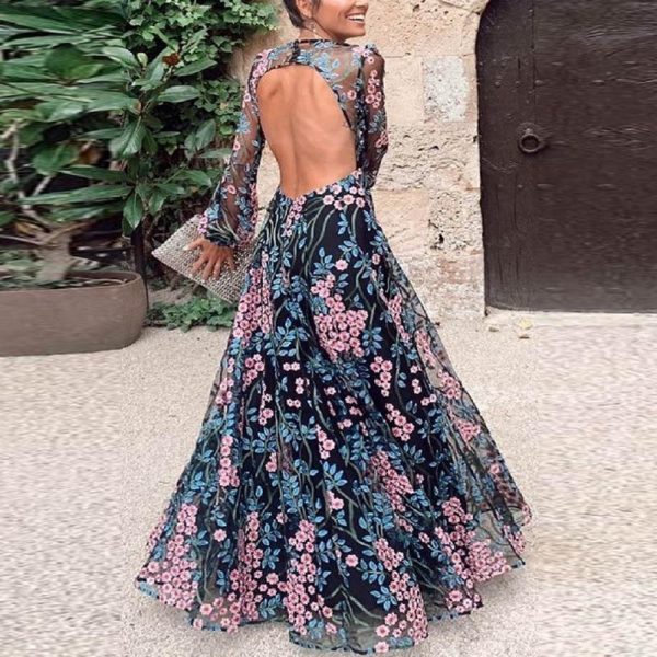 Vintage Backless Long Maxi Dress Women Floral Print Open Back Summer Beach Dress High Waist Long Sleeve Dresses Robe Femme - Takalr