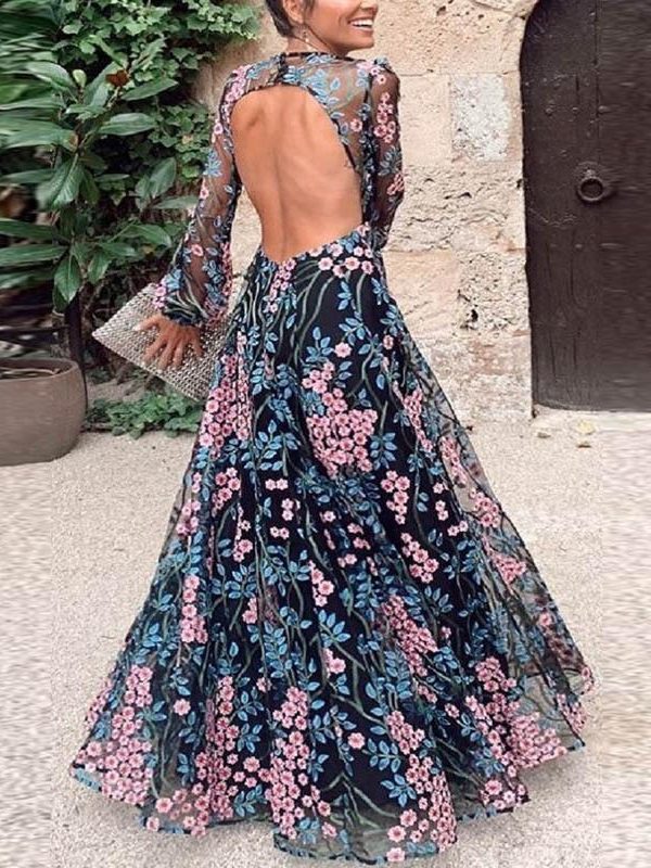 Vintage Backless Long Maxi Dress Women Floral Print Open Back Summer Beach Dress High Waist Long Sleeve Dresses Robe Femme - Takalr