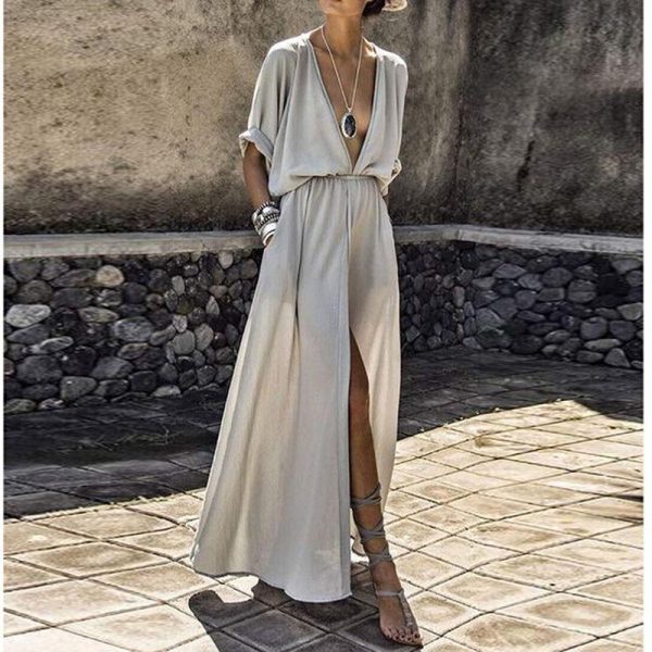 Vintage Bohemian Deep V Neck High Waist beach dress summer Dresses for women Sexy High Split Maxi Dress long dress half sleeve - Takalr