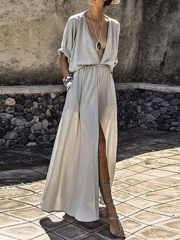 Vintage Bohemian Deep V Neck High Waist beach dress summer Dresses for women Sexy High Split Maxi Dress long dress half sleeve - Takalr