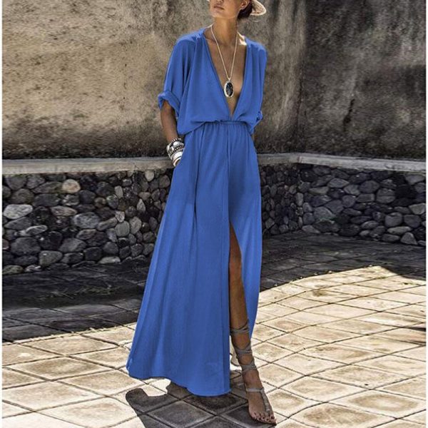 Vintage Bohemian Deep V Neck High Waist beach dress summer Dresses for women Sexy High Split Maxi Dress long dress half sleeve - Takalr