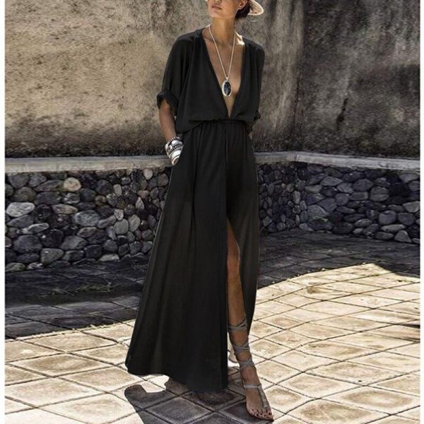 Vintage Bohemian Deep V Neck High Waist beach dress summer Dresses for women Sexy High Split Maxi Dress long dress half sleeve - Takalr