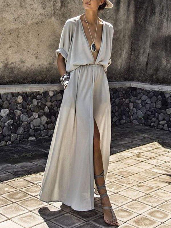 Vintage Bohemian Deep V Neck High Waist beach dress summer Dresses for women Sexy High Split Maxi Dress long dress half sleeve - Takalr