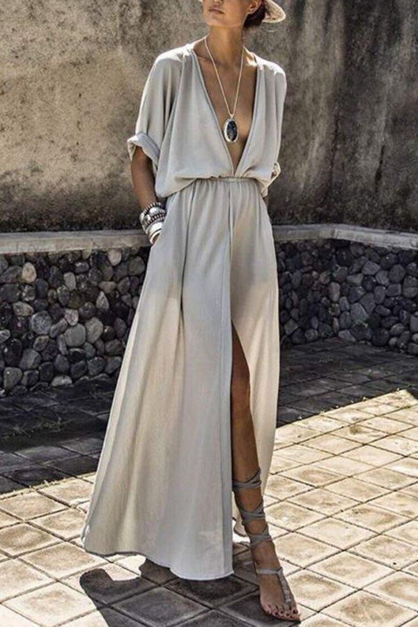 Vintage Bohemian Deep V Neck High Waist beach dress summer Dresses for women Sexy High Split Maxi Dress long dress half sleeve - Takalr