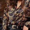 Vintage Chain Print Womens Tops and Blouses Turn Down Collar Long Sleeve Shirt Femme Workwear Shirts Autumn Fashion Blusa - Takalr