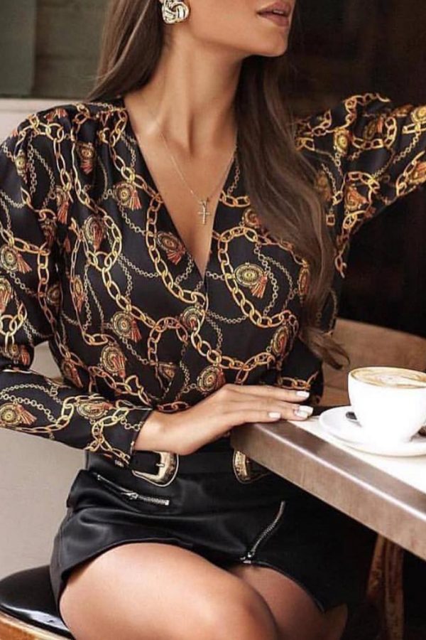 Vintage Chain Print Womens Tops and Blouses Turn Down Collar Long Sleeve Shirt Femme Workwear Shirts Autumn Fashion Blusa - Takalr