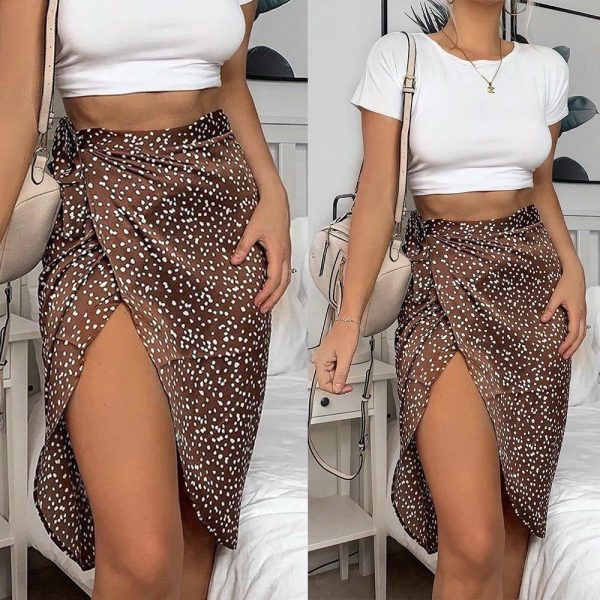 Vintage Dot Print Midi Skirts Women High Waist Lace Up Party Skirt - Takalr