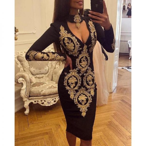 Vintage flower print black bodycon dress Women lon gsleeve slim fit  v neck party dress Long sleeve knee length vestidos - Takalr