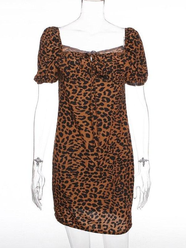 Vintage leopard print dress Women night clubg party dress Summer 2019 Mini bodycon dresses Front lace up vestidos de festa - Takalr