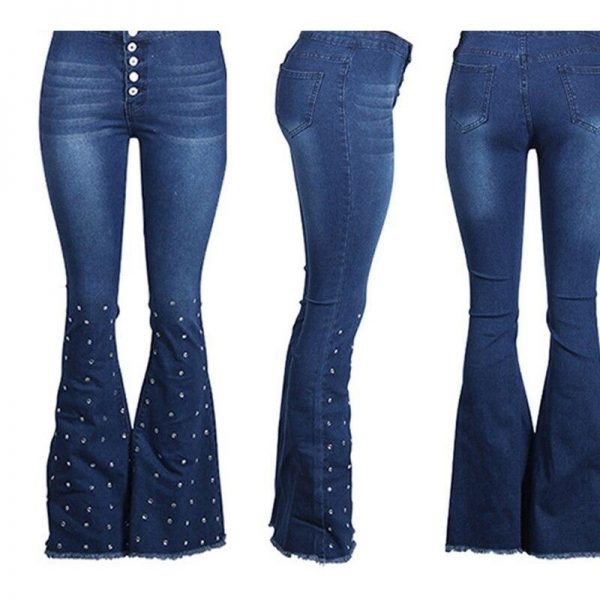 Vintage pearls beading women jeans High wasit denim pants Flare trousers Autumn fashion bell-bottoms chic streetwear - Takalr