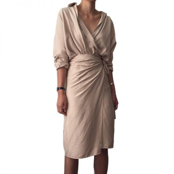 Vintage wrap shirt dress Women v neck front split tie waist dress Spring summer casual female dresses Elegant vestidos robe - Takalr