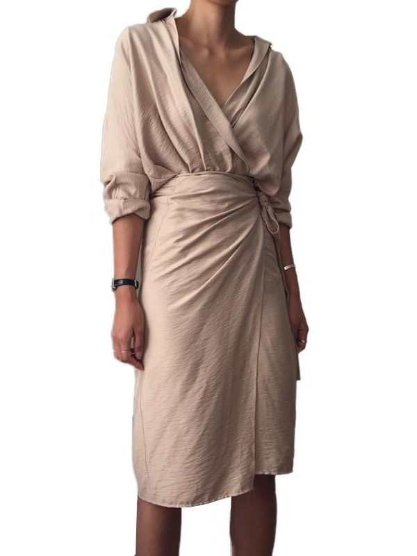 Vintage wrap shirt dress Women v neck front split tie waist dress Spring summer casual female dresses Elegant vestidos robe - Takalr