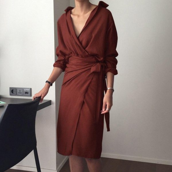 Vintage wrap shirt dress Women v neck front split tie waist dress Spring summer casual female dresses Elegant vestidos robe - Takalr