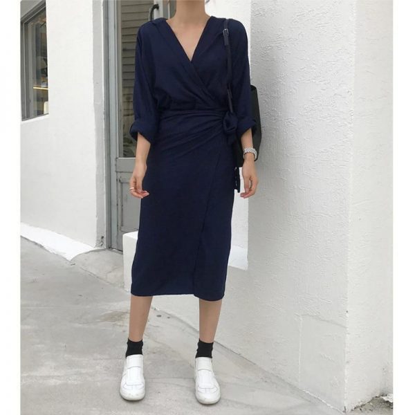 Vintage wrap shirt dress Women v neck front split tie waist dress Spring summer casual female dresses Elegant vestidos robe - Takalr