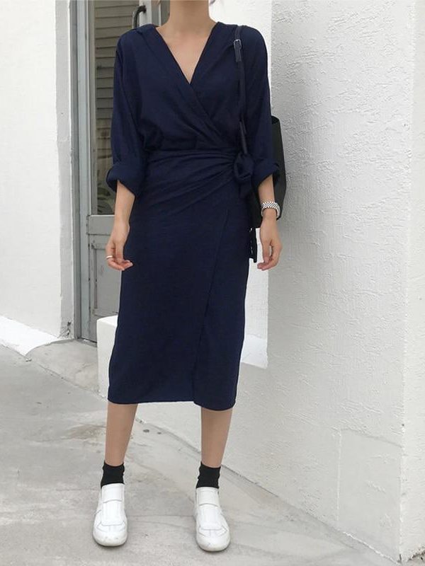 Vintage wrap shirt dress Women v neck front split tie waist dress Spring summer casual female dresses Elegant vestidos robe - Takalr