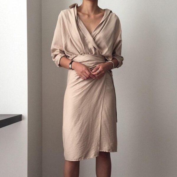 Vintage wrap shirt dress Women v neck front split tie waist dress Spring summer casual female dresses Elegant vestidos robe - Takalr