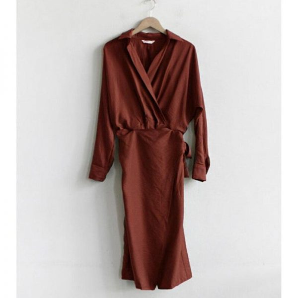 Vintage wrap shirt dress Women v neck front split tie waist dress Spring summer casual female dresses Elegant vestidos robe - Takalr