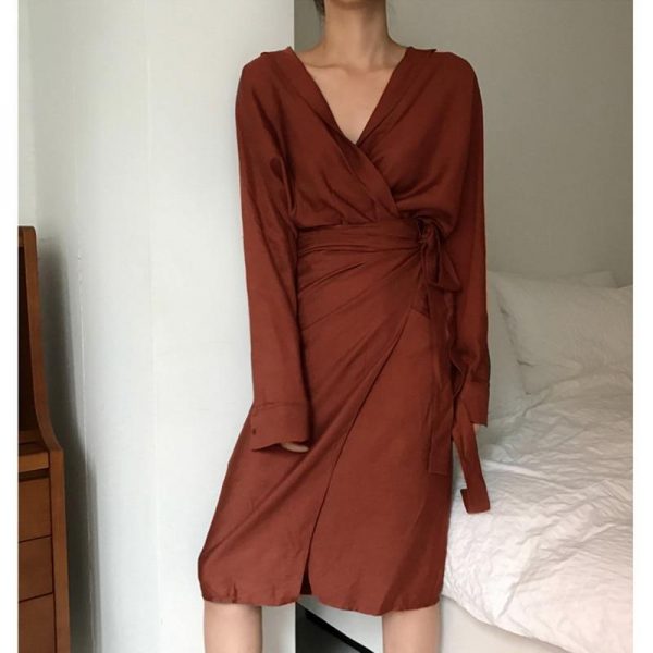 Vintage wrap shirt dress Women v neck front split tie waist dress Spring summer casual female dresses Elegant vestidos robe - Takalr