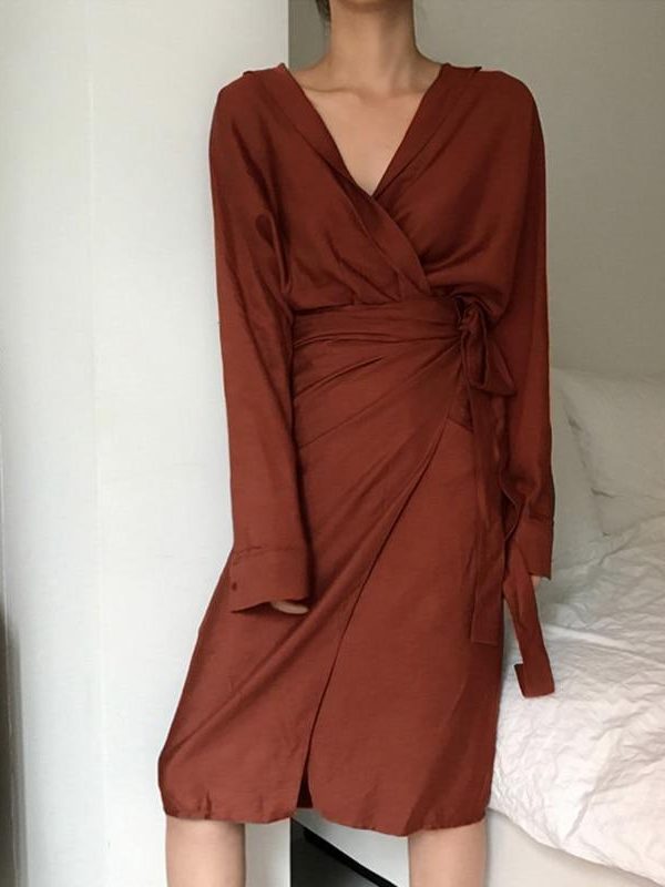 Vintage wrap shirt dress Women v neck front split tie waist dress Spring summer casual female dresses Elegant vestidos robe - Takalr