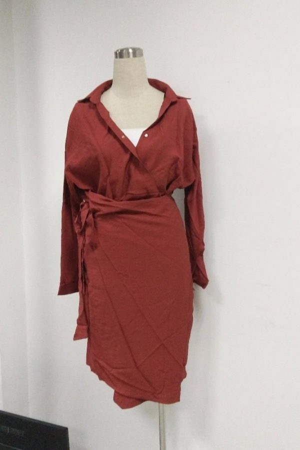 Vintage wrap shirt dress Women v neck front split tie waist dress Spring summer casual female dresses Elegant vestidos robe - Takalr