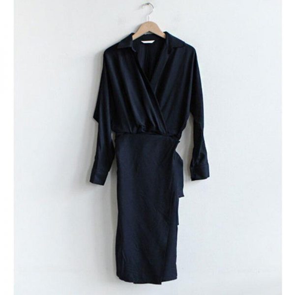 Vintage wrap shirt dress Women v neck front split tie waist dress Spring summer casual female dresses Elegant vestidos robe - Takalr