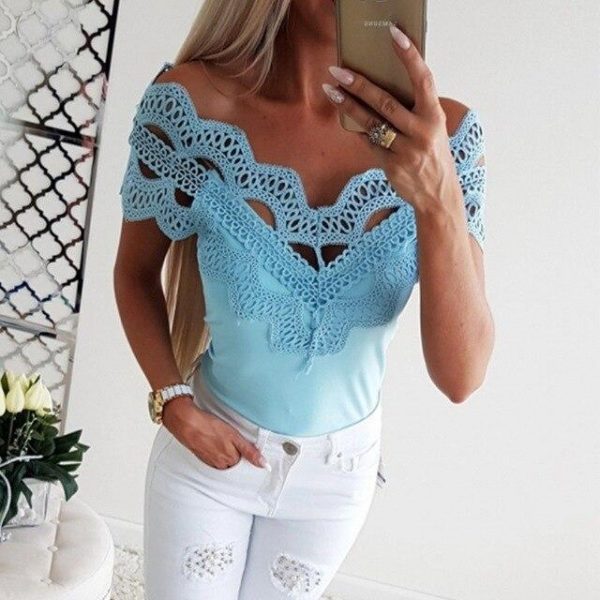 White Blue Lace T Shirt Summer Sexy Tees Off The Shoulder Tops for Women Clothes Short Sleeve Slash Neck Shirts Streetwear - Takalr