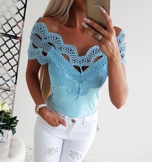 White Blue Lace T Shirt Summer Sexy Tees Off The Shoulder Tops for Women Clothes Short Sleeve Slash Neck Shirts Streetwear - Takalr