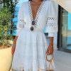 White Deep V Neck Lace Trim Dress Women Half Sleeve Hollow Out Dress Summer - Takalr