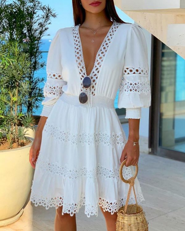 White Deep V Neck Lace Trim Dress Women Half Sleeve Hollow Out Dress Summer - Takalr