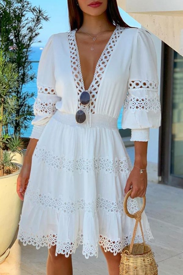 White Deep V Neck Lace Trim Dress Women Half Sleeve Hollow Out Dress Summer - Takalr