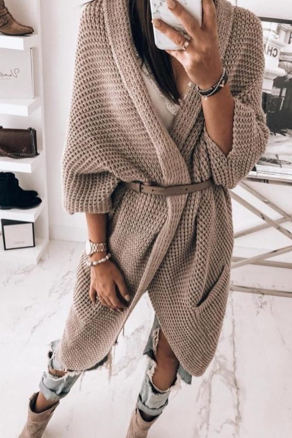 Winter Women Open Stitch Sweater Cardigan Pocket Solid Loose Long Sweater Fashion Casual Knitted Sweaters Jacket - Takalr