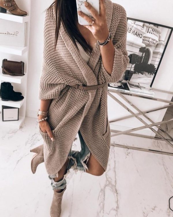 Winter Women Open Stitch Sweater Cardigan Pocket Solid Loose Long Sweater Fashion Casual Knitted Sweaters Jacket - Takalr