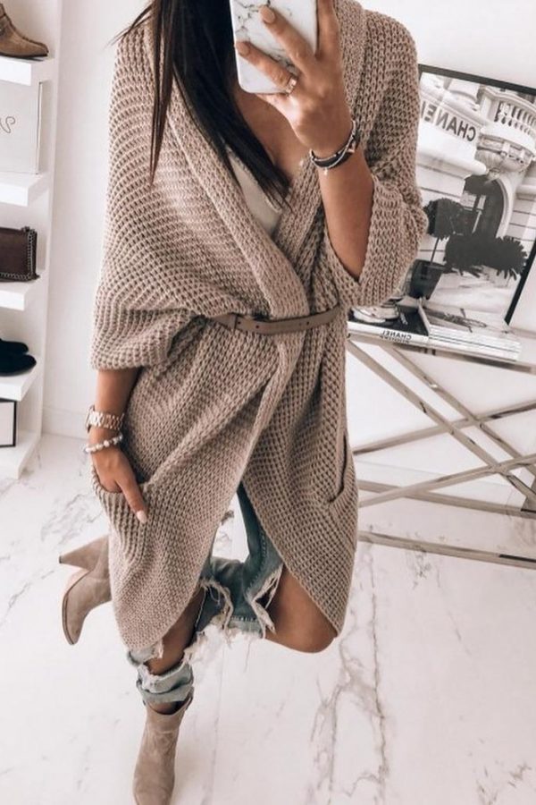 Winter Women Open Stitch Sweater Cardigan Pocket Solid Loose Long Sweater Fashion Casual Knitted Sweaters Jacket - Takalr